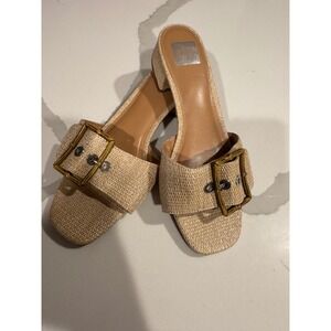 DV Dolce Vita Nickel Woven Raffia Buckle Slide Sandals Tan Beige Block Heel 9.5